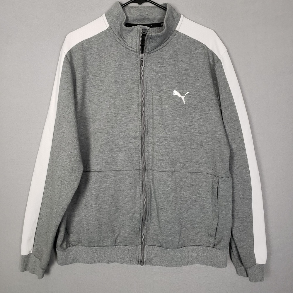 Puma XL Full Zip Track Jacket Gray White Stripe Sporty Streetwear Athleisure Gym